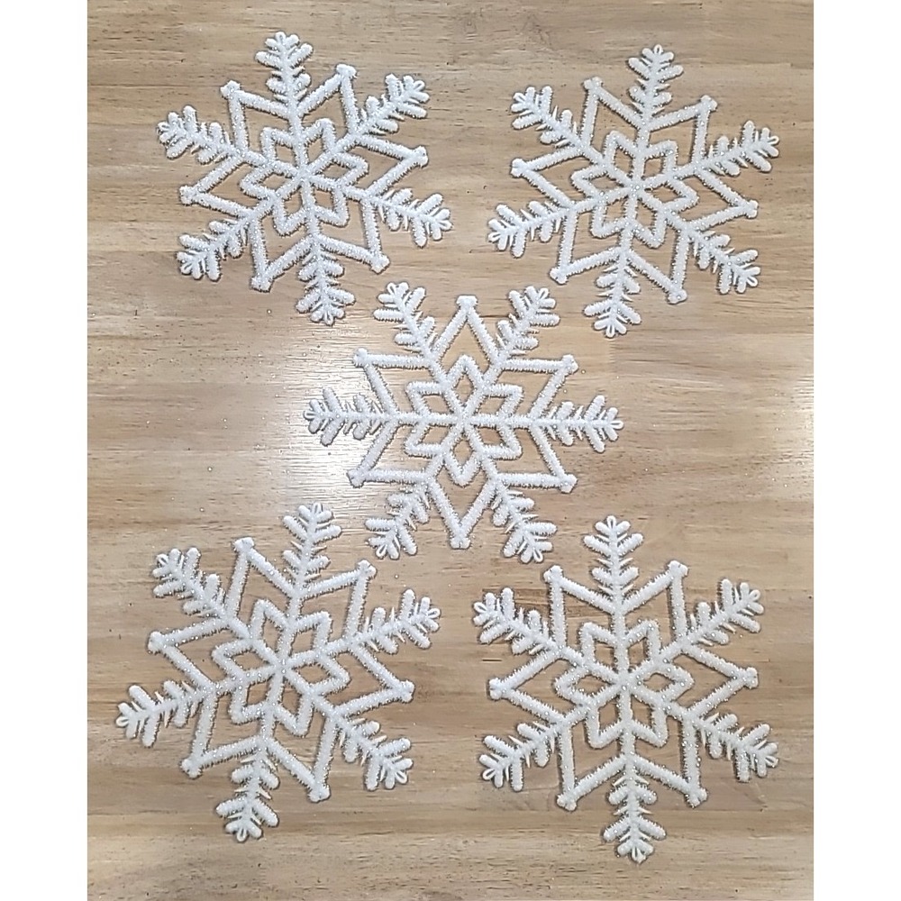 Set Of 5 12" Fuzzy Iridescent Glitter White Snowflakes-Christmas-Holiday Decor